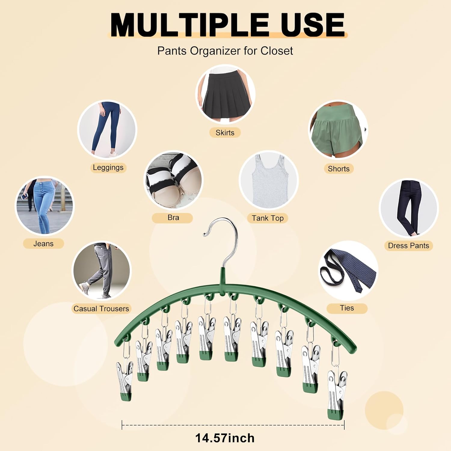Skiennix Legging Organizer - Metal Yoga Pants Hangers with 10 Clips | Space-Saving Closet Storage, Green
