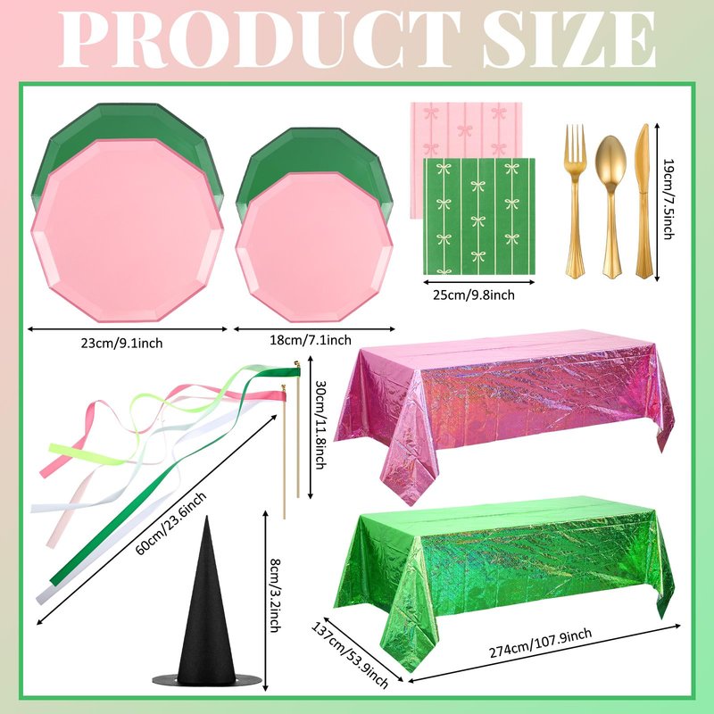 Yungyan 386 Pcs Pink and Green Party Decorations Witch Birthday Party Favors Including Tablecloths Plates Napkins Metal Knives Forks Spoons for Birthday Favors Women Girl Serve 24 Guests