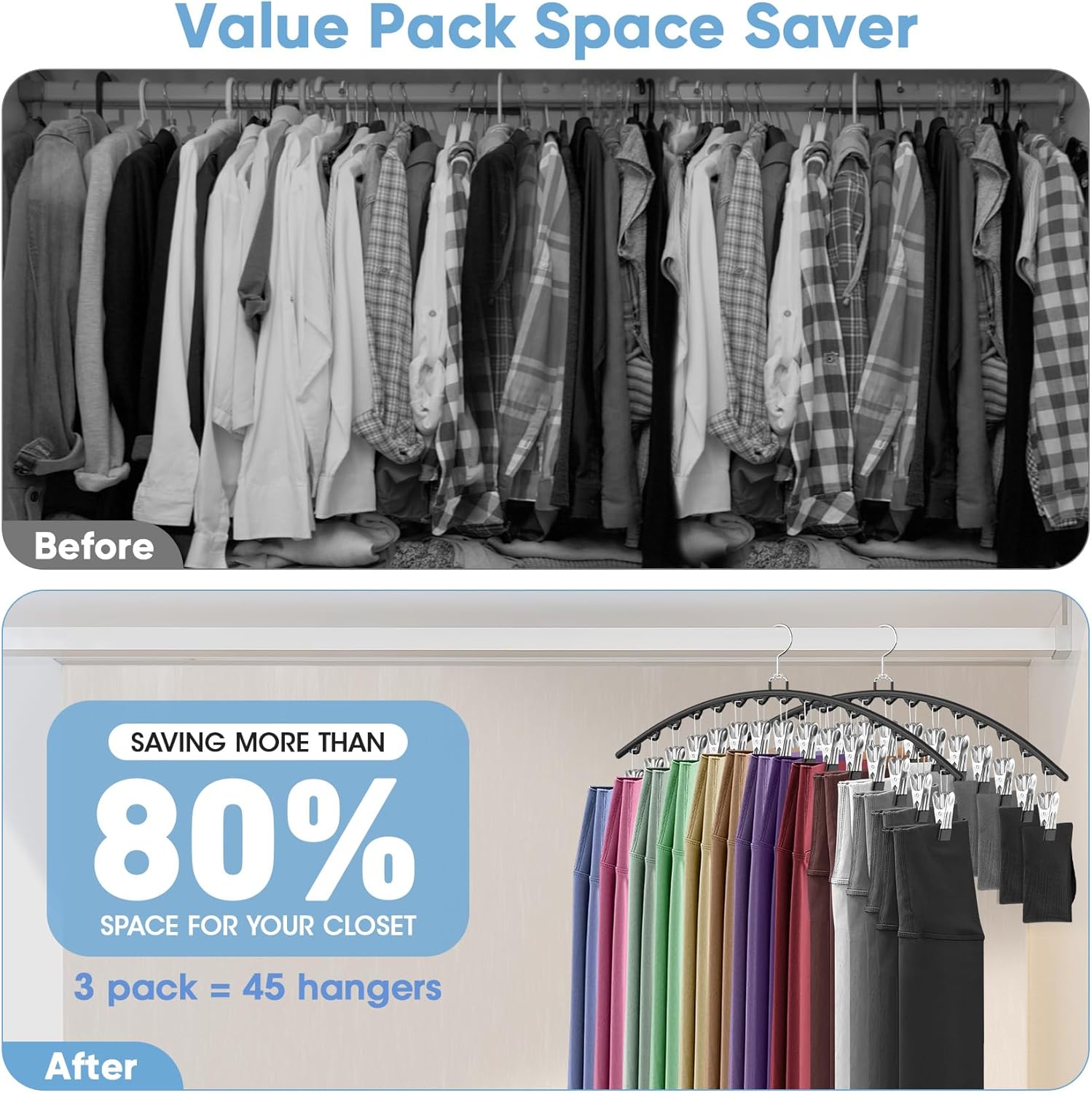 Skiennix Legging Organizer - Space-Saving Closet Hangers for 45 Leggings, Shorts & Skirts | Black 3-Pack
