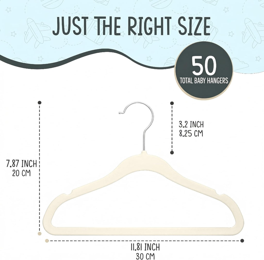 TechZoo 50 Premium Baby Velvet Hangers - Non-Slip, Ultra-Slim Closet Organizers - 360° Swivel Hook, Ivory