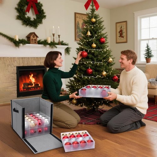BALEINE Christmas Ornament Storage Box - Premium Container with Dividers for 64 Balls | Black Hard Case