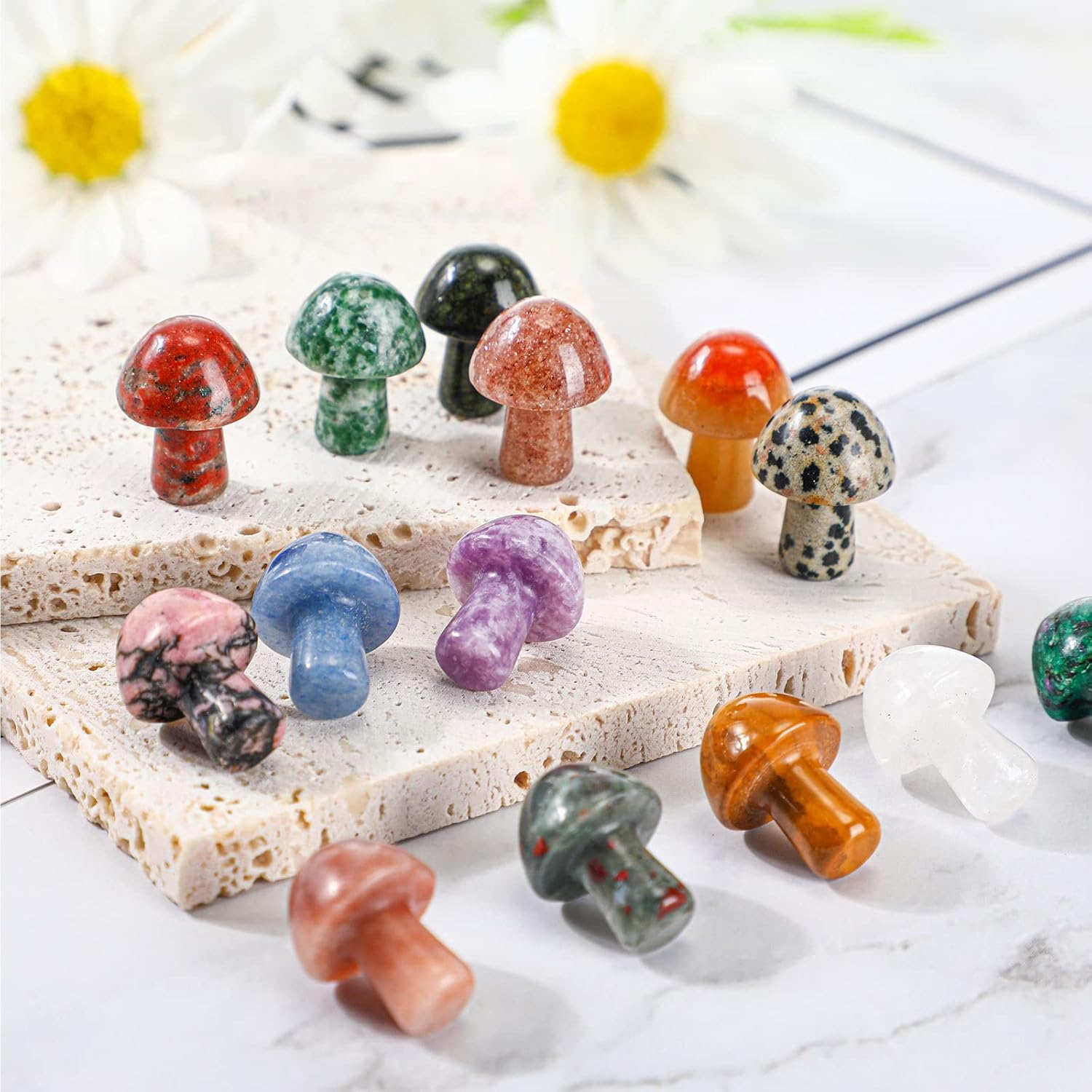 Skiennix Mini Crystal Mushroom Gemstone Sculptures - Polished Witchcraft Decor | 48 Pcs Retro Style