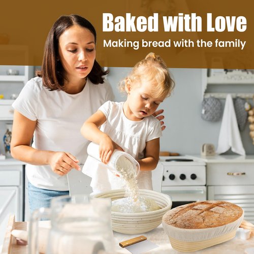 Benneton Proofing Basket Set of 3: 9' & 10' Round, 10" Oval Rattan Bread Baskets with Cloth Lining + Bread Lame & Silicon Brush