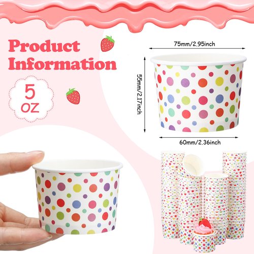 Honeydak 400 Pack 150 ml/ 5 oz Rainbow Polka Ice Cream Cups for Party Small Ice Cream Cups Disposable Treat Paper Cups Dessert Snacks Sundae Yogurt Container Wedding Birthday Party Supplies