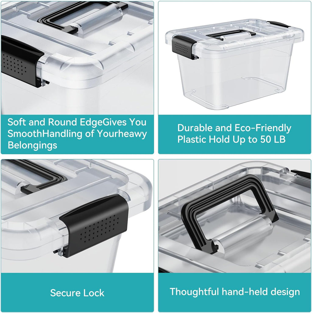 Nazhura Storage Bins - Stackable Plastic Containers with White Lids & Latching Buckles | Large 6QT, 12-Pack