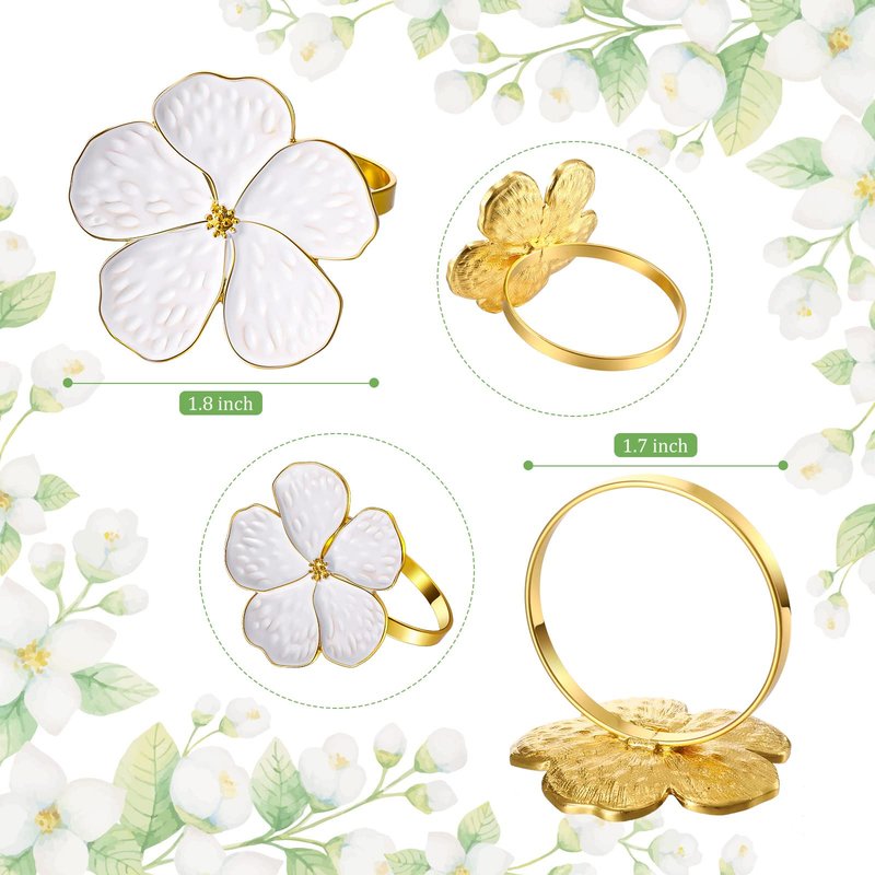 Patelai 24 Pcs White Flower Napkin Rings Bulk Gold Cloth Napkin Holder Set Floral Serviette Buckles Table Decor for Mothers Day Wedding Banquet Birthday Baby Shower Dinner Daily Use