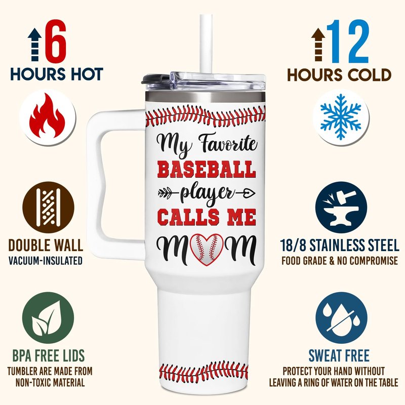 AT2Z GLOBAL Baseball Mom Gifts - Perfect for Moms from Kids, Friends - Birthday & Christmas - 40oz Tumbler with Handle