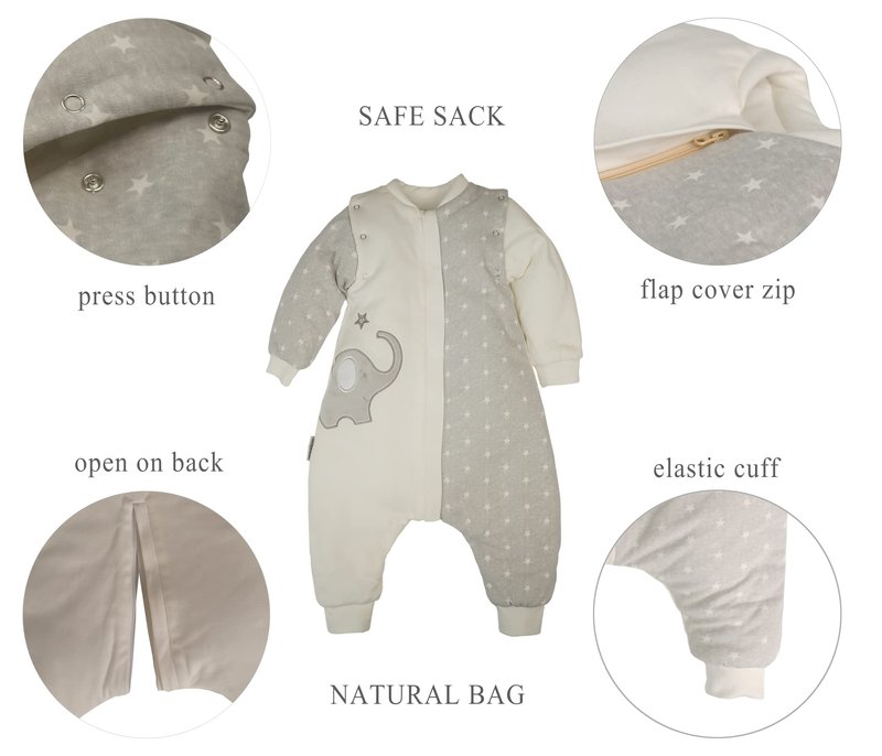 NATUZ Baby Wearable Blanket With Leg Grey Cotton 2-4T Toddler Sleep Sack 36M Removable Long Sleeves Early Walk Sleeping Bag Quilted Filling Infant Winter Tog 2.5 Warm Kids Sleeper