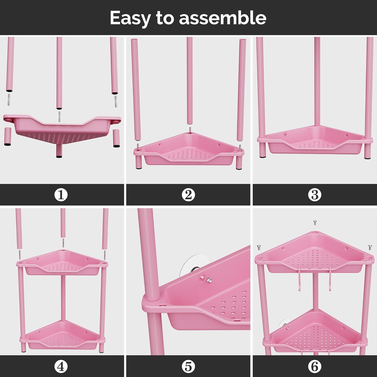 Orimade Rustproof 4-Tier Corner Shower Caddy Organizer - Durable Plastic & Metal, Pink | 10.8 x 10.8 x 44.6 Inches