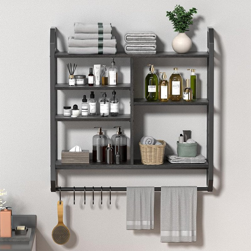 Nidouillet 34" Gaming Floating Shelves, Large LED Wall Mounted Display Shelf, Adjustable Hanging Pipe Shelf Bookshelf with Lights 6 Hooks for Game Living Room Bedroom Coffee Bar Kitchen Decor Black