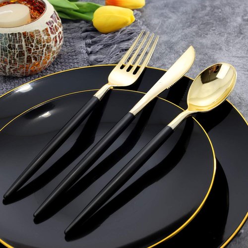 Nervure 150PCS Black Plastic Plates - Black and Gold Disposable Plates - Premium Heavyweight Gold Plastic Dinnerware with Black Silverware Ideal for Wedding & Halloween & New Year