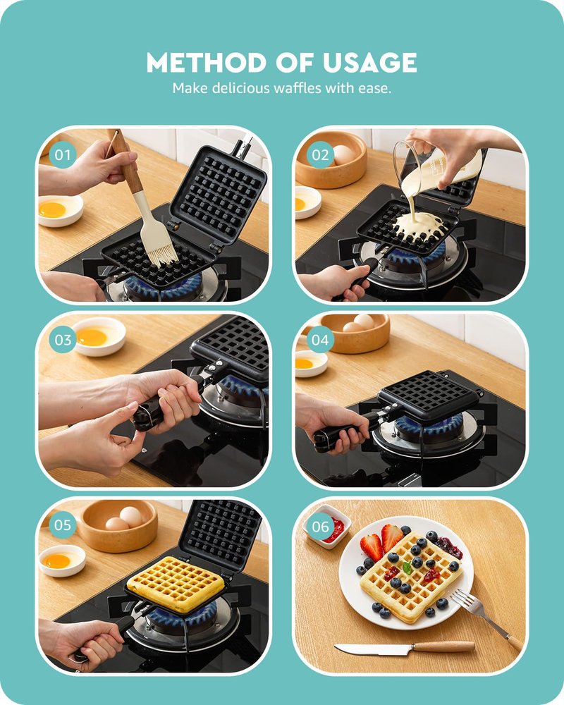 Baffect Non-stick Cast Aluminum Stovetop Waffle Iron, 8.7 Inches Camping Waffle Maker Pan, Portable Stove Top Aluminum Waffle Maker Pan for Family Breakfast Baking