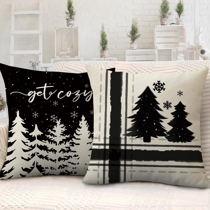Fahrendom Winter Snowflake Decorative Throw Pillow Covers 18x18 Set of 4, Let It Snow Christmas Pine Tree Black Outdoor Pillowcase, Get Cozy Seasonal Holiday Farmhouse Cushion Case Home Decor