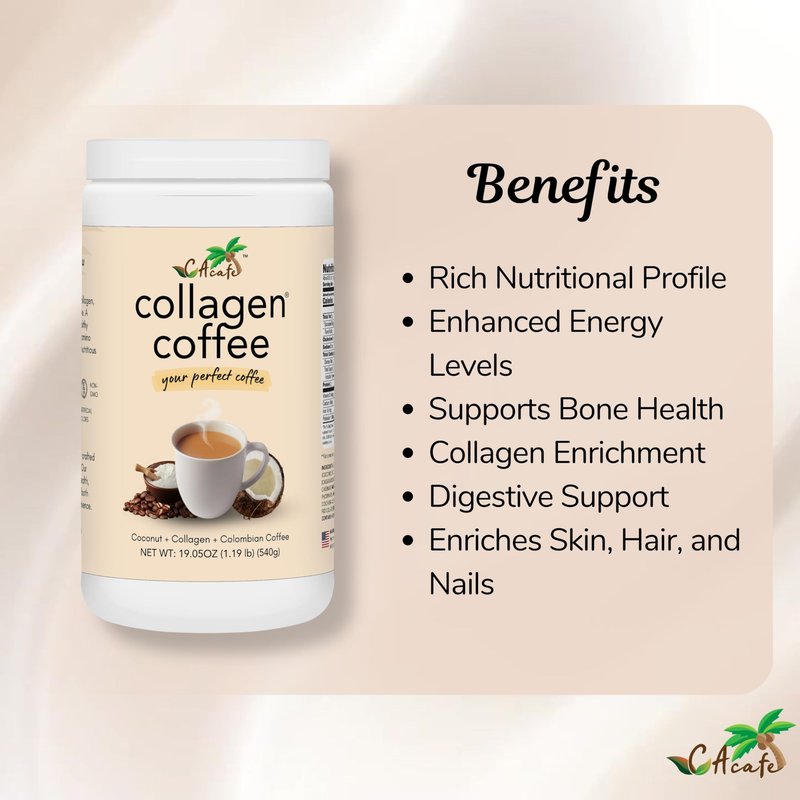 CAcafe Collagen Coffee | Coconut Infused Colombian Blend Coffee with Anti-Aging Collagen | Antioxidants & Natural Energy | 19.05oz