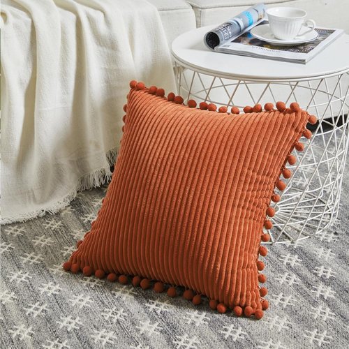 Fancy Homi Pack of 2 Burnt Orange Decorative Throw Pillow Covers 18x18 Inch with Pom-poms for Couch Bed Living Room Bedroom, Soft Corduroy Solid Square Cushion Case 45x45 cm, Boho Fall Home Decor