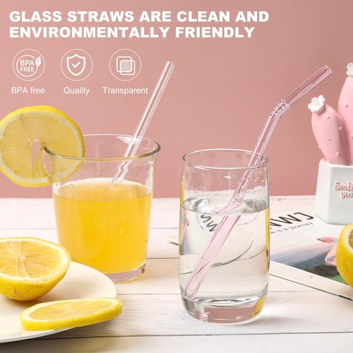 FBAJOJO, coloured glass straws, 8 inch long, 8 mm diameter, 12 wear resistant heat resistant straws, with 4 straw cleaning brushes, 6 straight, 6 curved design