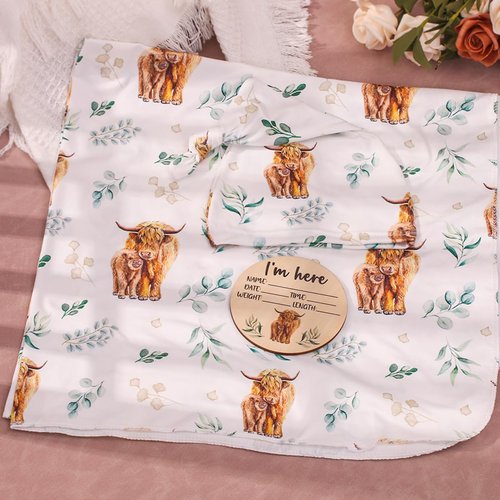 Ylsteed Baby Highland Cow Swaddle Blanket and Headband Set, Newborn Receiving Blanket Swaddle Wrap for Girls and Boys, Swaddling Blankets Neutral for Newborn 32 * 32 in (Highland Cow)
