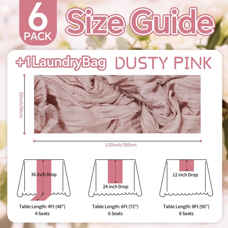 10FT 6 Pack Pink Cheesecloth Table Runner 35x120 inchs Romantic Boho Rustic Gauze Sheer Dusty Pink Cheese Cloth Table Runners for Wedding Bridal Baby Shower Tea Party Birthday Home Decorations
