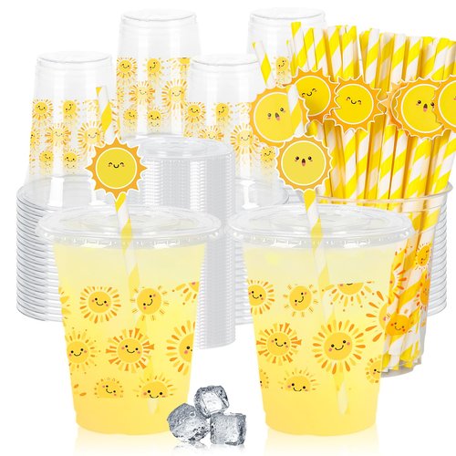 FYSUIMU 50Pcs 12Oz Smile Sunshine Plastic Cups with Lids & Straws First Trip Around The Sun Disposable Clear Drinking Cups for Summer Birthday Baby Shower Party Supplies