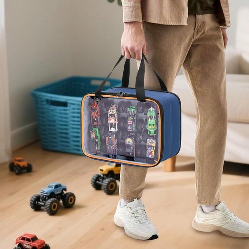LUXJA Double Layer Storage Bag - PVC Carrying Case for Hot Wheels Monster Trucks | Holds 14 Cars, Blue
