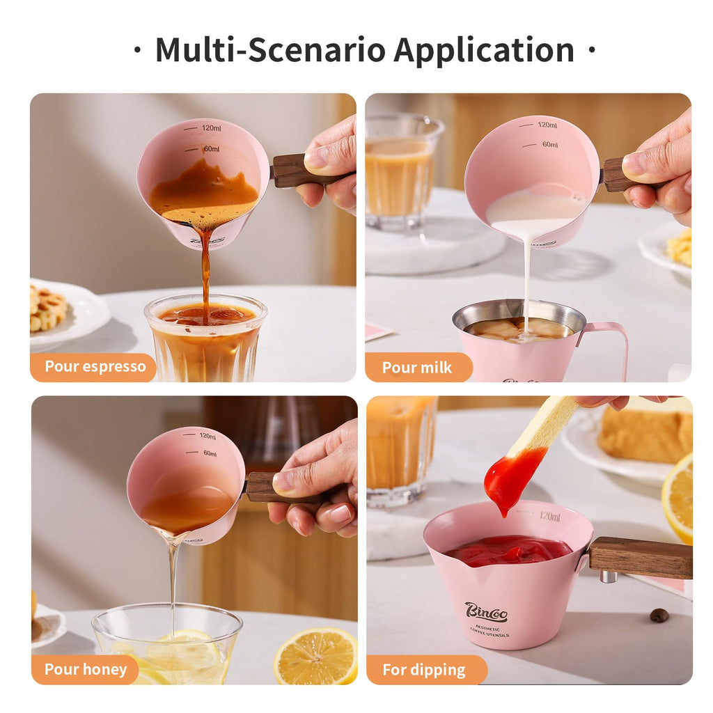 Pink Espresso Shot Cup with Wood Handle - 2 Pack Stainless Steel Espresso Measuring Cup,120ML Espresoo Pouring Cup Set of 2