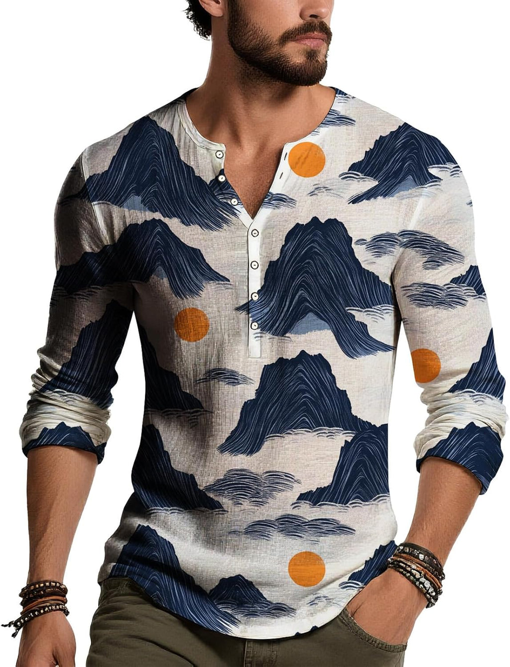 Skiennix Men's Long Sleeve Henley Shirt - Lightweight Floral Print V-Neck Casual Top