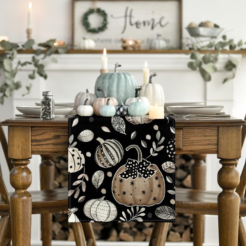 Artoid Mode Harvest Pumpkin Darkness Floral 210 GSM Fall Table Runner, Seasonal Autumn Kitchen Dining Table Decoration for Home Party Decor 13x108 Inch
