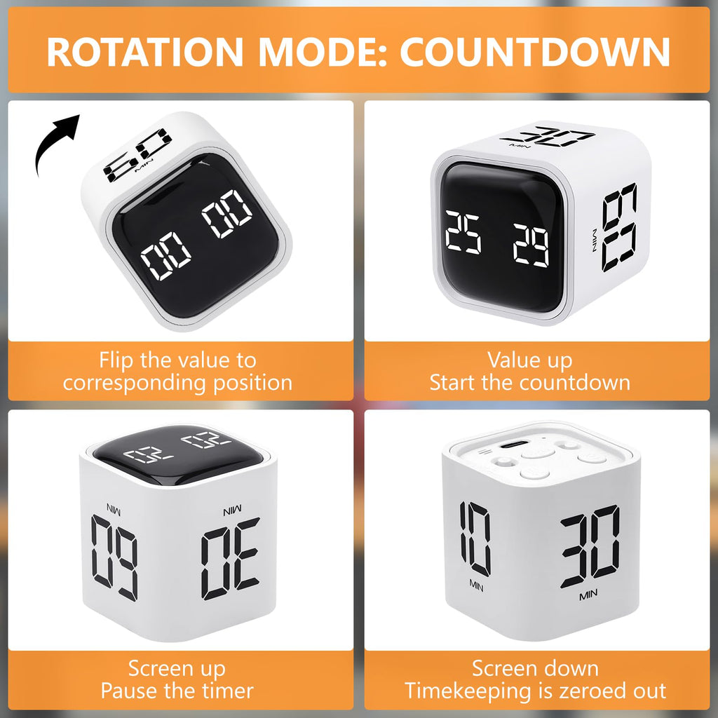 GuDoQi Multi-Function Cube Timer, 5/10/30/60 Min & Custom Count Down, Included Pause & Resume Feature, Silent, Vibrate & Adjustable Sound Alarm for Productivity in Tasks, Study & Kitchen, White