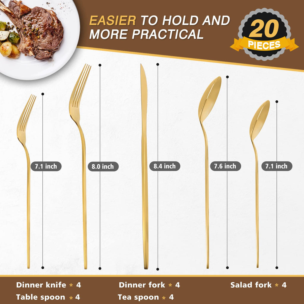Oliviola 20 Pieces Silverware Set，Matte Gold Stainless Steel Flatware Cutlery Set Service for 4, Stain Finish Kitchen Utensil Set，Include Dinner Knives Forks and Spoons Silverware, Dishwasher Safe