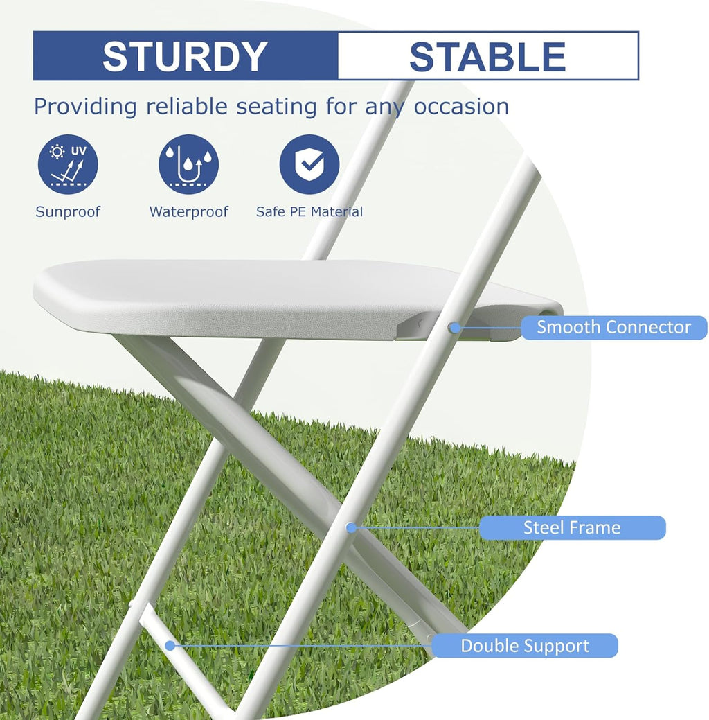 Skiennix 10-Pack White Folding Chairs - Lightweight, Portable Design | 350lb Capacity for Events & Parties