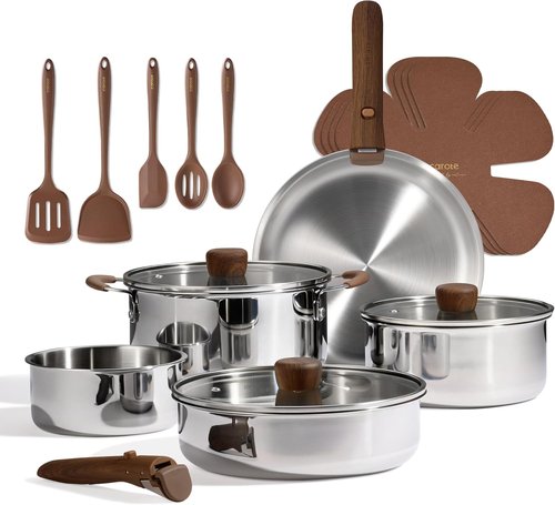 CAROTE 19-Piece Stainless Steel Cookware Set - Induction-Ready Pots & Pans with Detachable Handle, Oven Safe, Woodgrain Finish