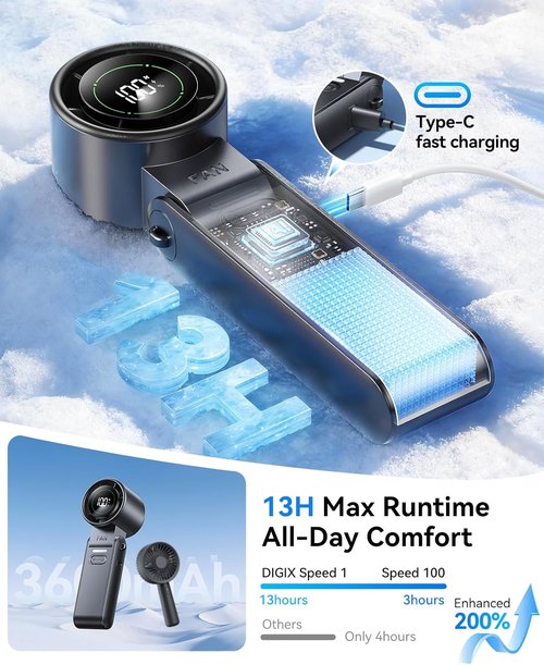 DIGIX Mini Portable Handheld Fan - USB Rechargeable Personal Cooling Fan with Turbo Airflow | 100 Speeds, 120° Rotation, LED Display, Foldable Design (Black)