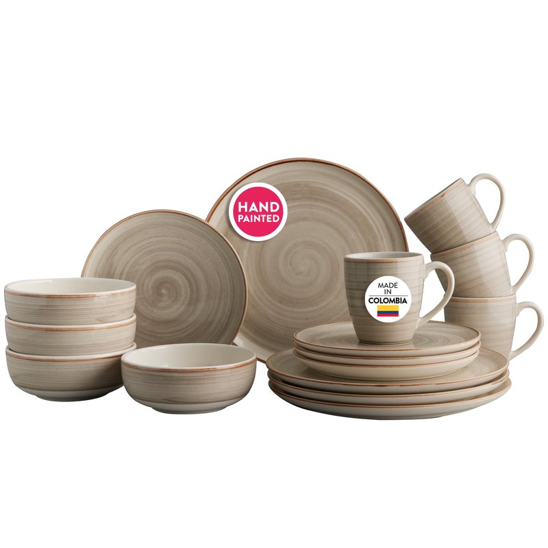 Corona 16-piece Rustic Aestethic Hand-Painted Versatile Ceramic Dinnerware Sets | Plates, Bowls and Mugs | Service For 4 | Gray Caoba