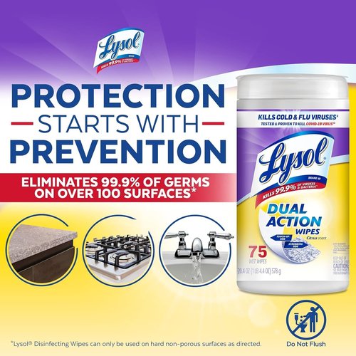 Lysol Dual Action Disinfectant Wipes - Multi-Surface Antibacterial Scrubbing Wipes | Citrus Scent, 75ct (Pack of 4)