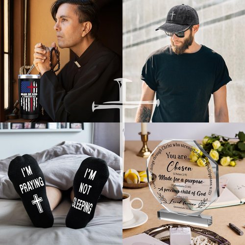 10 Pcs Christian Gifts for Men Faith, Inspirational Religious Gifts, Catholic Gift with 20 Oz Tumbler Bible Verses Crystal Plaque Hat Socks Bracelet Keychain for Husband, Dad, Grandpa, Friends