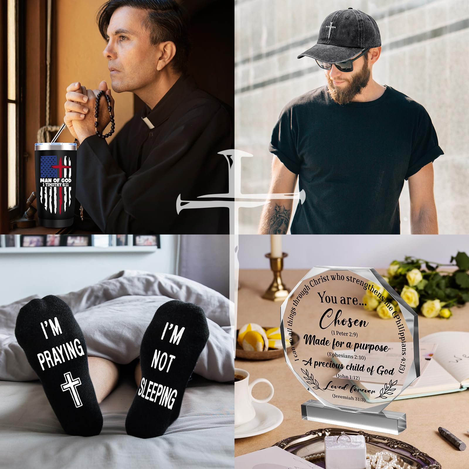 10 Pcs Christian Gifts for Men Faith, Inspirational Religious Gifts, Catholic Gift with 20 Oz Tumbler Bible Verses Crystal Plaque Hat Socks Bracelet Keychain for Husband, Dad, Grandpa, Friends