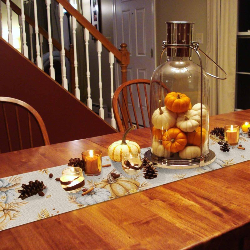 Fall Pumpkins Table Runner - 90 Inch Long, Grey Golden-yellow Pumpkin Thanksgiving Dining Table Runner Dresser Scarves, Maple Leaf Farm Harvest Decor for Coffee Table Wedding Party Banquet, 13x90 in