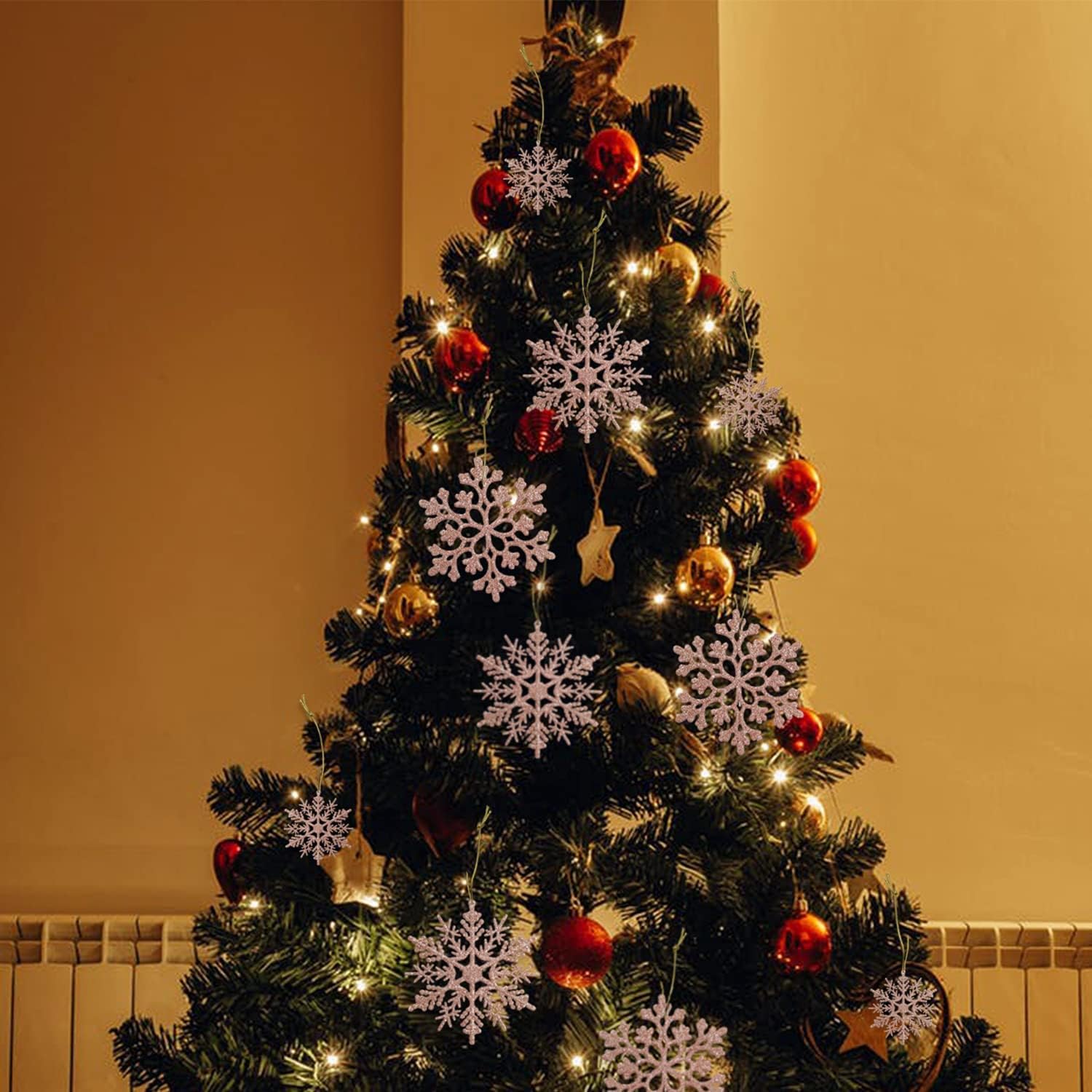 Regine Switzerland 36pcs Christmas Rose Gold Snowflake Ornaments - Glittery Winter Tree Decor