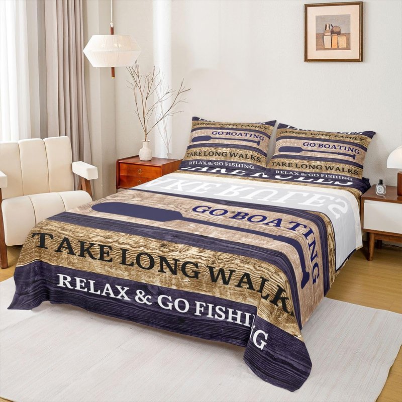 Lake House Sheet Set Queen Size, Paddle Retro Wood Grain Bed Sheets For Kids Teens Adult Women, Retro Rustic Farmhouse Fitted Sheet - Go Boating Flat Sheet - 2 Pillow Cases Lake Cabin Decor, Brown