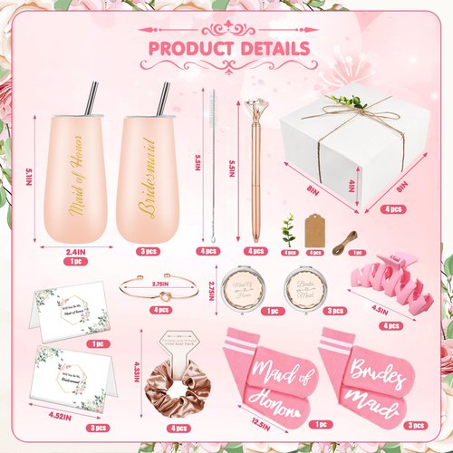Mhoel Bridesmaid Proposal Gifts Set of 4 Wedding Gifts for Maid of Honor 6oz Champagne Flutes Tumbler Set of 4 Bridesmaid Propoal Sock,Bridal Proposal Gift Bachelorette Gifts for Maid of Honor