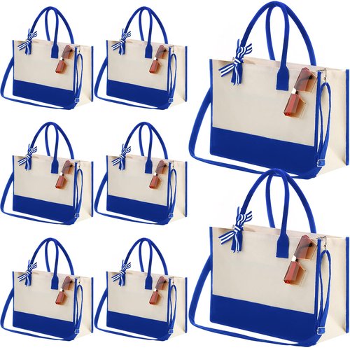 Aoriher 8 PCS Canvas Tote Bag with Shoulder Strap Zipper Opening Grocery Tote for Women Birthday Bridesmaid Gift Bag(Navy Blue)