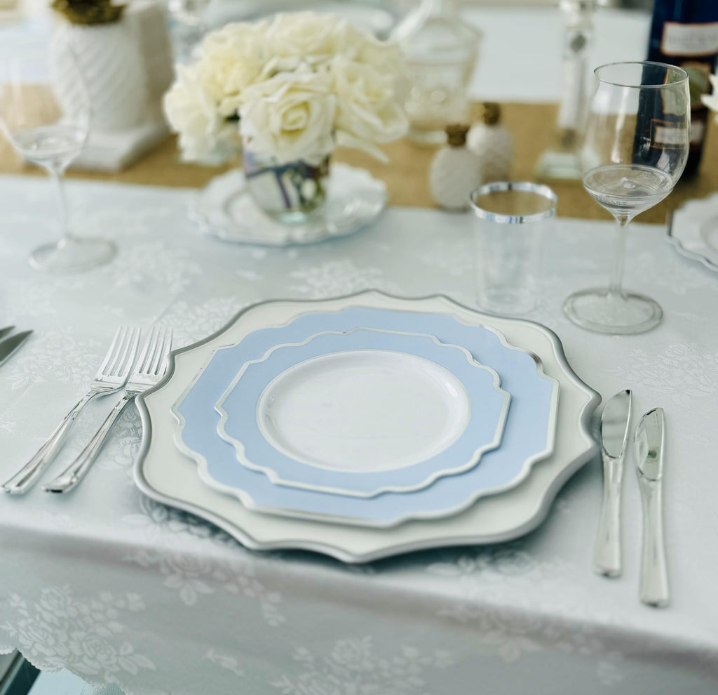 " OCCASIONS " 120 Plates Pack, Heavyweight Disposable Wedding Party Plastic Plates (8'' Appetizer/Dessert Plate, Imperial in White/Blue & Silver)