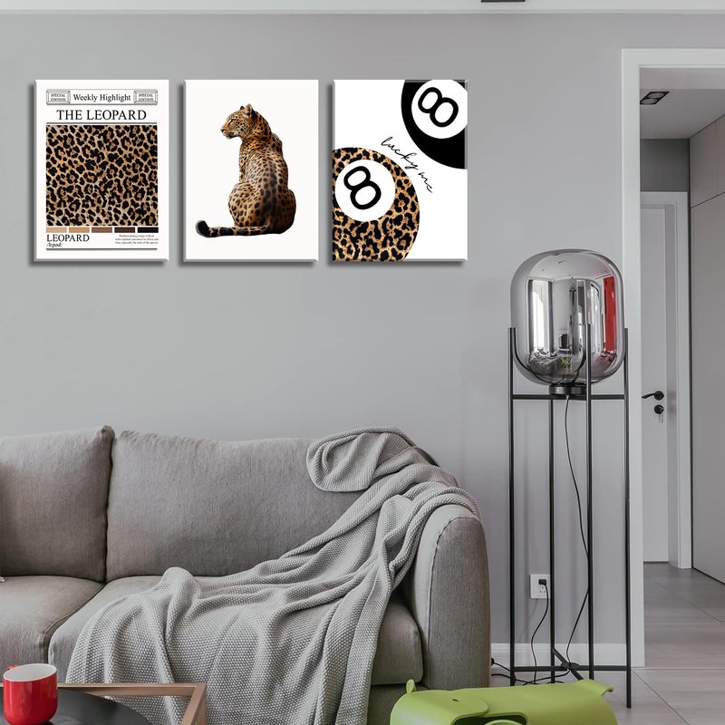 Set of 3 Trendy Leopard Canvas Wall Art Funky Lucky 8 Ball Posters Prints Preppy Room Aesthetic Cheetah Wall Decor Pictures for Girly Bedroom Apartment Dorm 16x24in