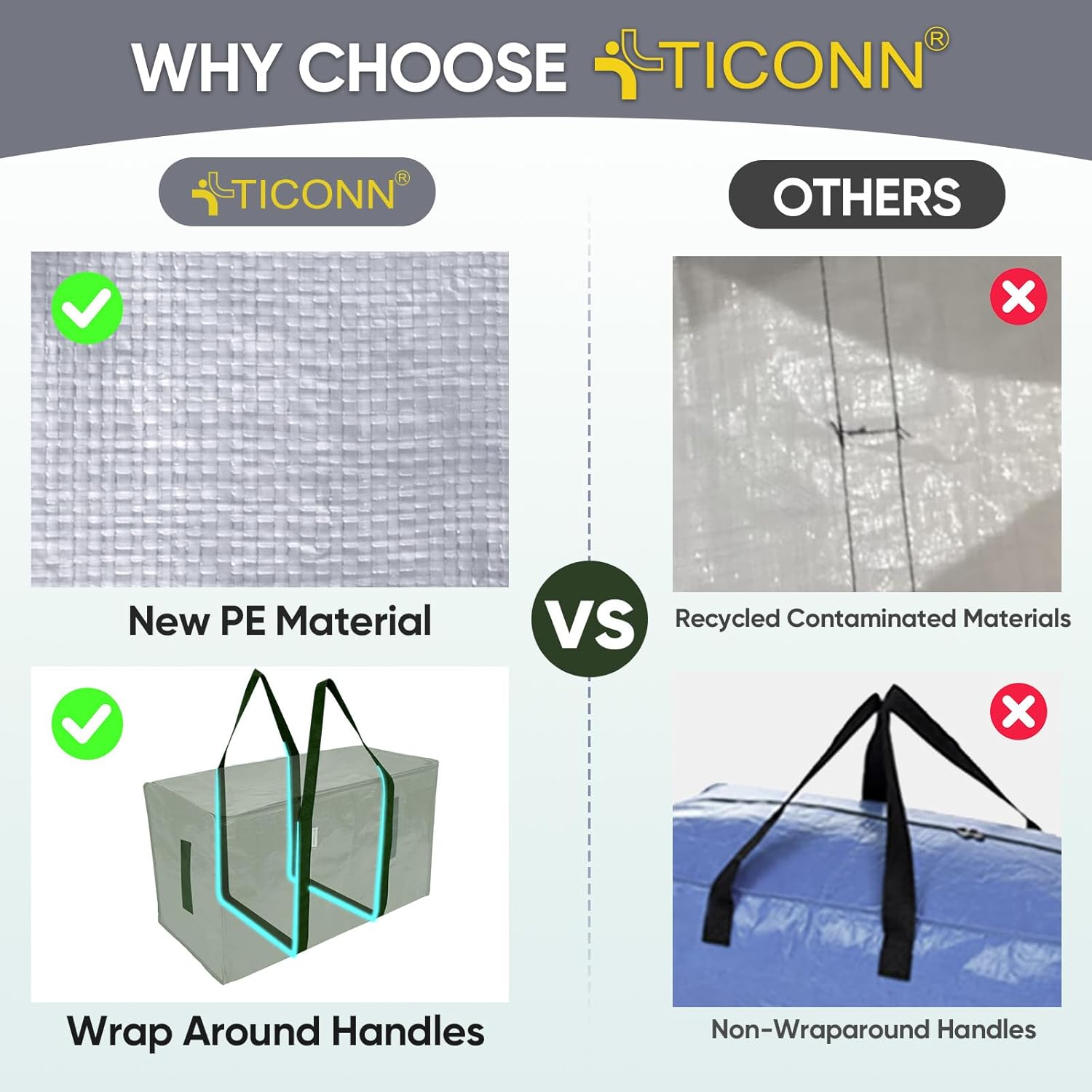 TICONN Extra Large Heavy-Duty Moving Bags - Durable Storage with Zippers & Handles (8 Pack, Olive)