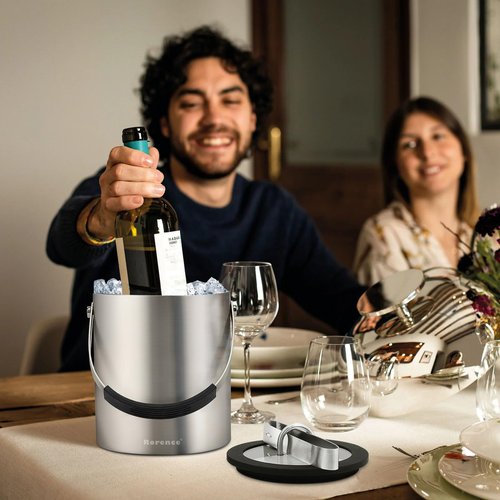 Rorence 2L Ice Buckets for Parties, Stainless Steel Ice Bucket with Lid & Ice Tong, Double Wall Insulated Stainless Steel Champagne Bucket Wine Bucket for Cocktail Bar