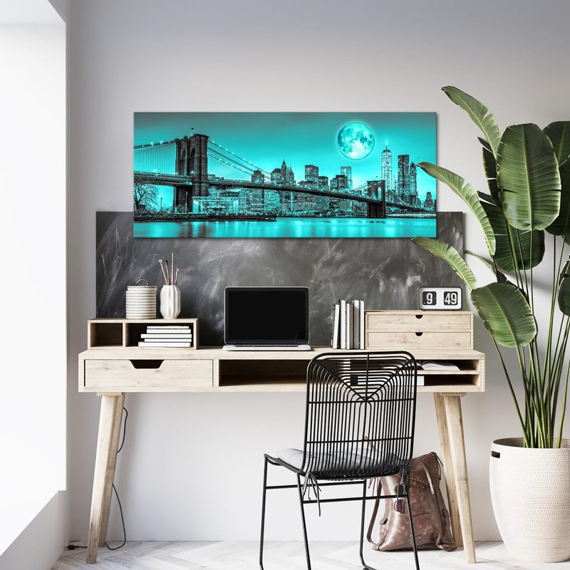 iKNOW FOTO Black White New York Canvas Prints Full Moon Night in Manhattan Picture Brooklyn Bridge Wall Art Modern Gallery Wrapped Canvas Print for Home and Office Decoration 20x48 Inches (Teal)