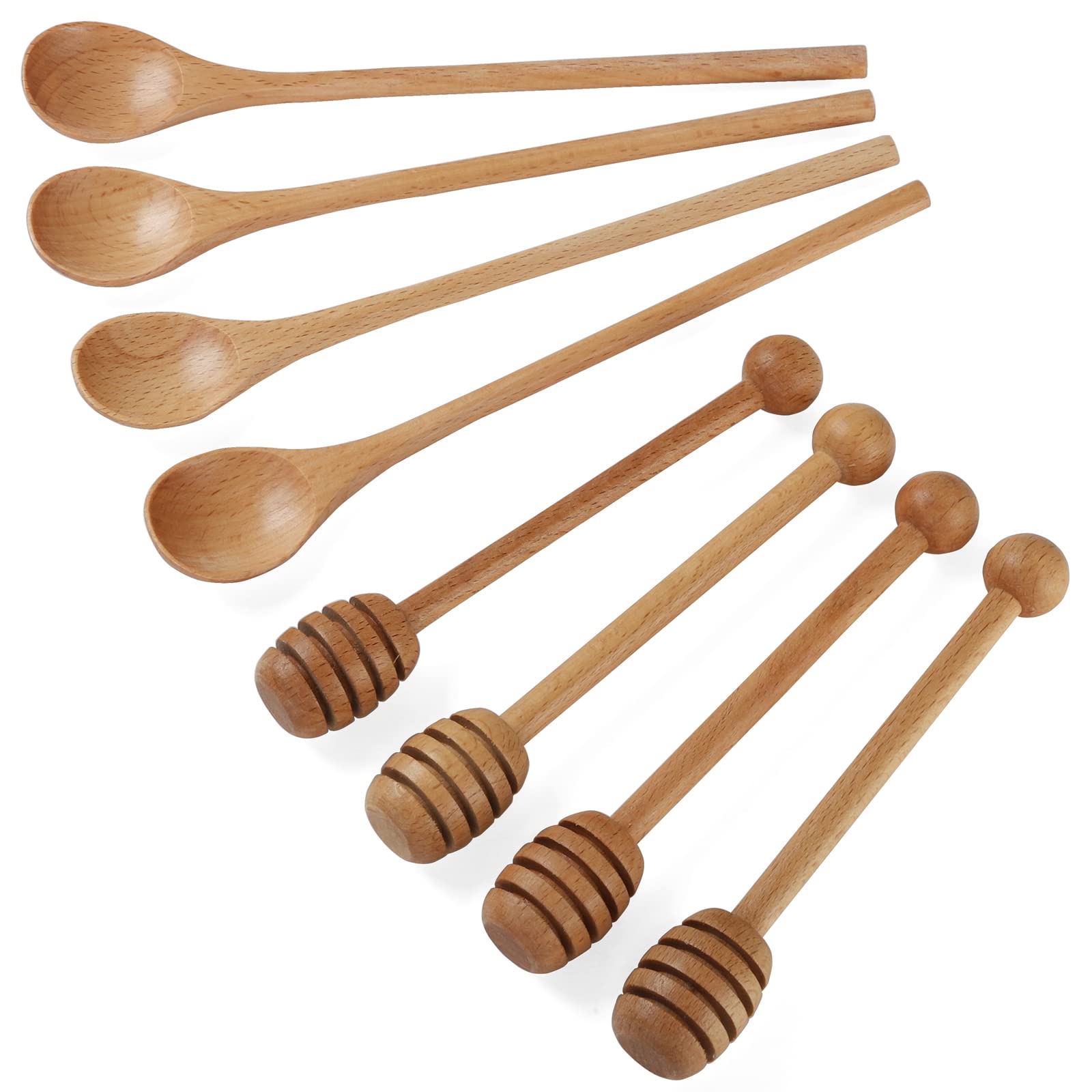 4 PCS 6 Inch Honey Dipper Sticks and 4 PCS 7.87 Inch Coffee Stirring Spoons, Beech Wooden Honey Spoon Stirrer for Honey Jar Dispense Drizzle Honey and Wedding Party Gift