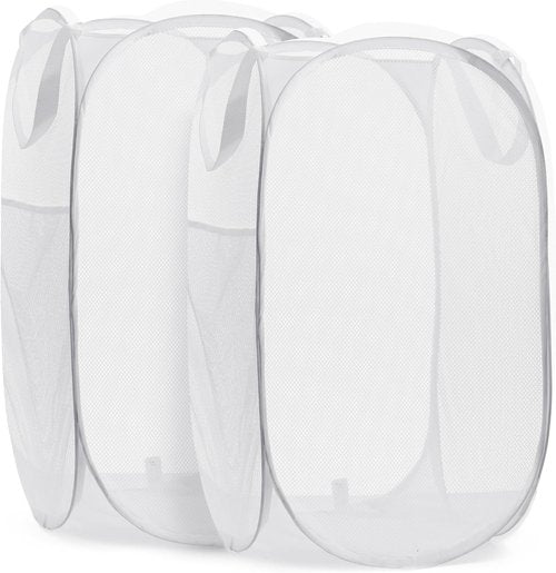 Handy Laundry Collapsible Mesh Pop-Up Hamper - 2-Pack, Space-Saving Design with Side Pocket, Breathable & Durable (White)
