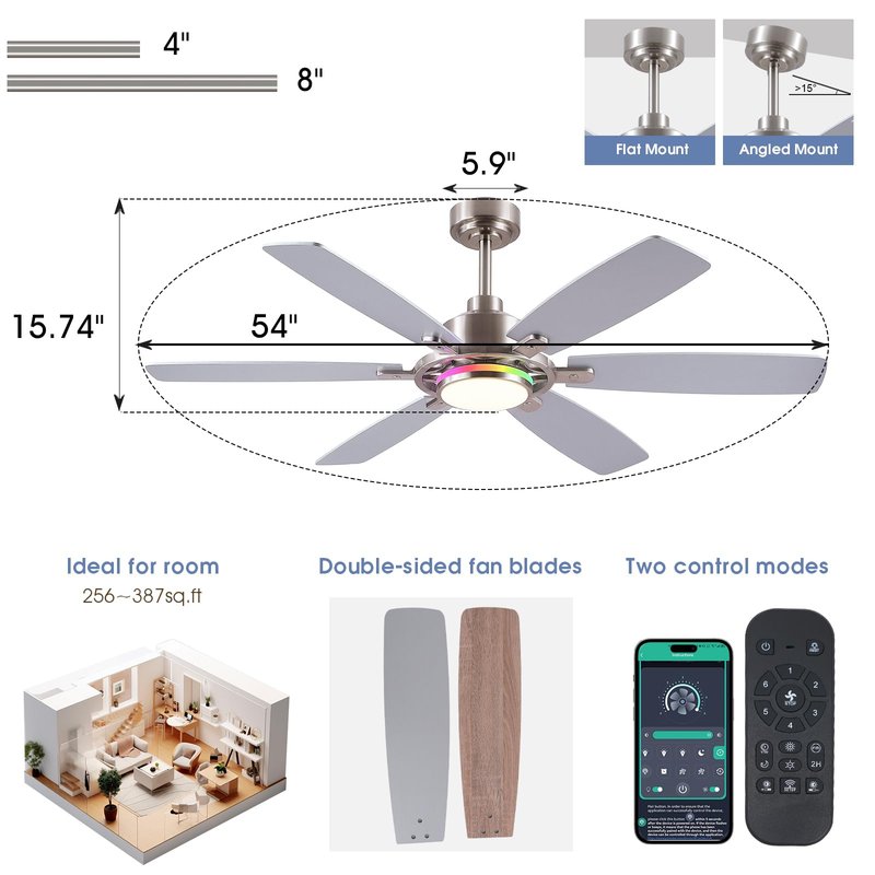 SHIHOT 54" RGB Ceiling Fans with Lights and Remote/APP,Modern Led Ceiling Fans with Quiet Reversible DC Motor,Sand Nickel