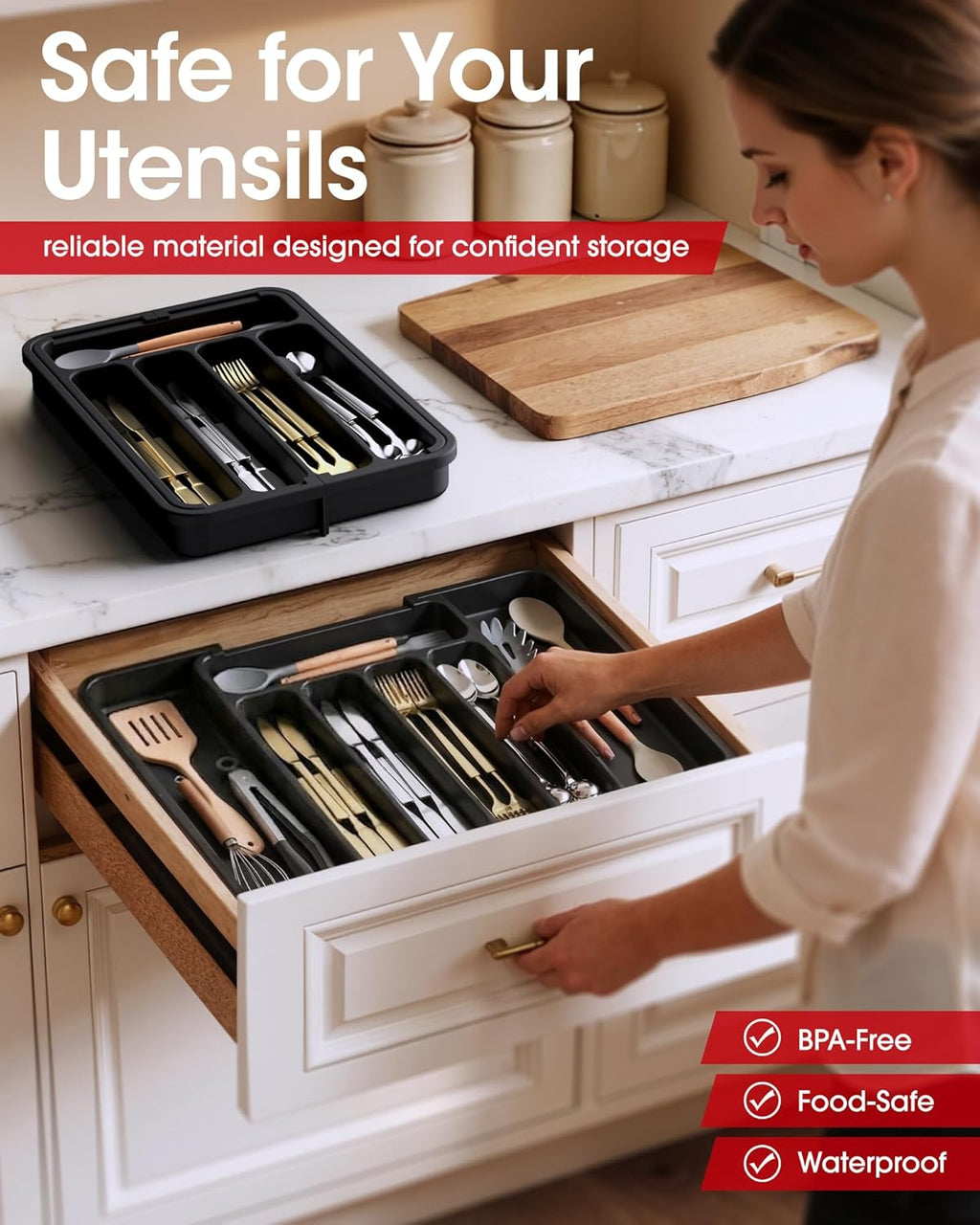 Aujen Silverware Organizer - Expandable Cutlery Tray for Forks & Knives | Adjustable Kitchen Storage, Black Medium